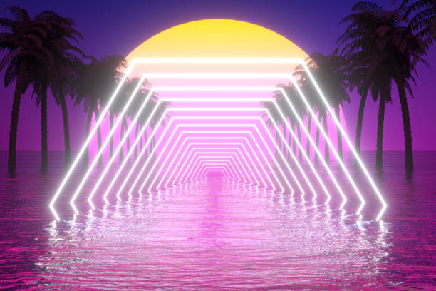 istock 80s Retro Sci-Fi Futuristic Abstract Background with Glowing Frame, Palm Tree and Sea 1269740489