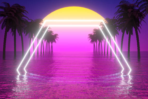 istock 80s Retro Sci-Fi Futuristic Abstract Background with Glowing Frame, Palm Tree and Sea 1269740561