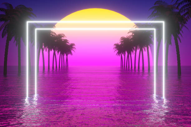 istock 80s Retro Sci-Fi Futuristic Abstract Background with Glowing Frame, Palm Tree and Sea 1269741120