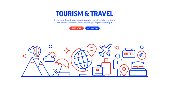 Tourism and Travel Related Web Banner Line Style. Modern Linear Design Vector Illustration for Web Banner, Website Header etc.