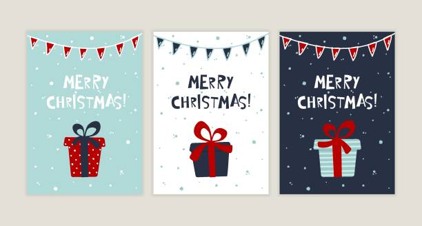 メリークリスマスグリーティングカードデザインのセット。贈り物、花輪、手描きのレタリングと楽しいお祝いのはがき - christmas fun set gift点のイラスト素材／クリップアート素材／マンガ素材／アイコン素材