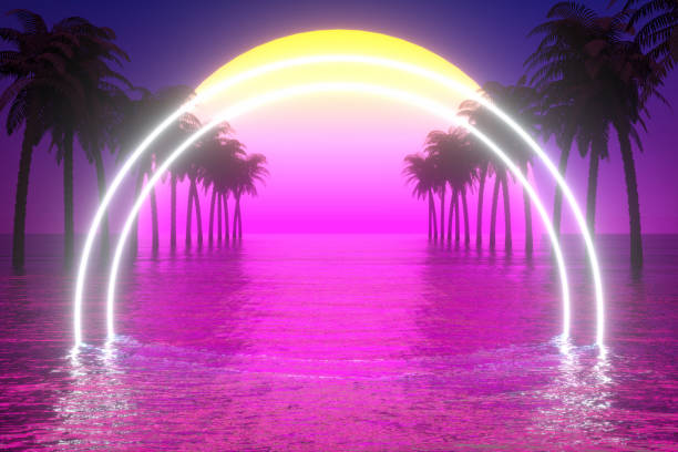 istock 80s Retro Sci-Fi Futuristic Abstract Background with Glowing Frame, Palm Tree and Sea 1269741325