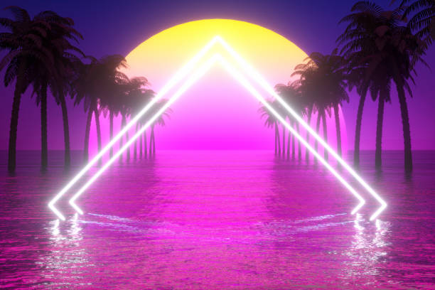 istock 80s Retro Sci-Fi Futuristic Abstract Background with Glowing Frame, Palm Tree and Sea 1269741379