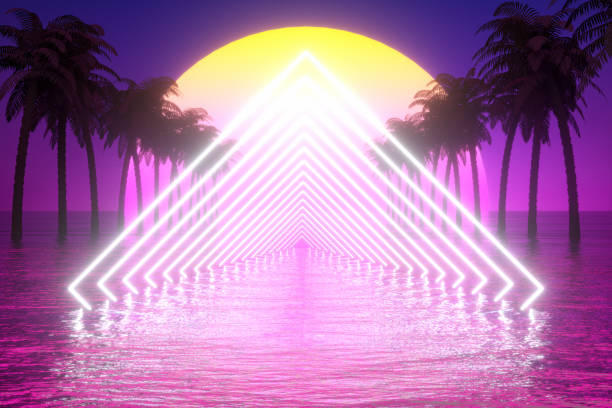 istock 80s Retro Sci-Fi Futuristic Abstract Background with Glowing Frame, Palm Tree and Sea 1269741432