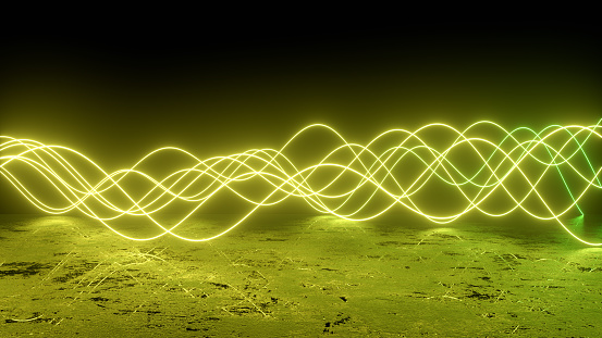 3d rendering of neon lights and wavy lines. Abstract dirty background.