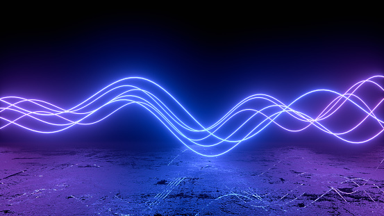 3d rendering of neon lights and wavy lines. Abstract dirty background.
