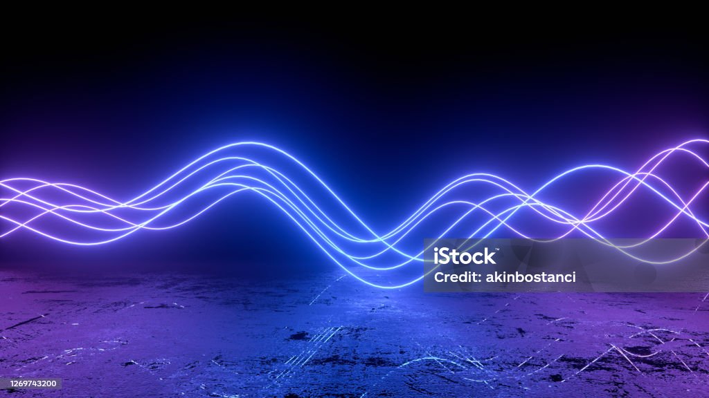 3d abstract background with ultraviolet neon lights and wavy lines 3d rendering of neon lights and wavy lines. Abstract dirty background. Neon Lighting Stock Photo