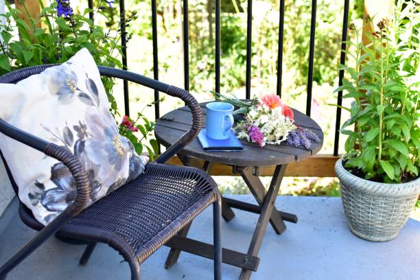 istock Outdoor patio seating for relaxing or working from home on sheltered small space deck during summer afternoon 1269745654