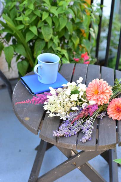 istock Outdoor patio seating for relaxing or working from home on sheltered small space deck during summer afternoon 1269745672