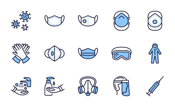 ilustrações de stock, clip art, desenhos animados e ícones de covid-19 protection equipment and clothing. various types of protective masks and respirators and gloves,goggles, medical suit, face shield. blue color. editable strokes. - self lov