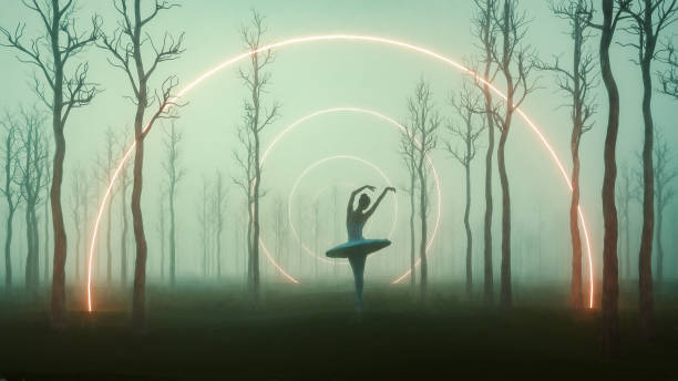 fantasy ballet dancer in the forest at night - round bale imagens e fotografias de stock
