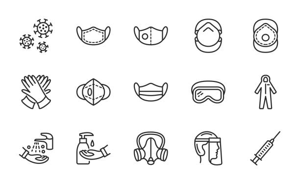 ilustrações de stock, clip art, desenhos animados e ícones de covid-19 protection equipment and clothing. various types of protective masks and respirators and gloves,goggles, medical suit, face shield. editable strokes. - self lov