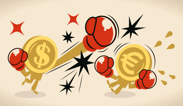 illustrations, cliparts, dessins animés et icônes de le dollar anthropomorphe et la pièce de monnaie de signe d’euro (monnaie américaine contre monnaie de l’union européenne) se battent les uns contre les autres par la boxe ; crise monétaire de l’union européenne - boxing glove battle business fighting