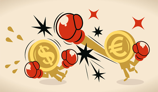 Currency Characters Full Length Vector Art Illustration.
Anthropomorphic dollar and euro sign coin (US currency vs european union currency) are fighting against each other by boxing; US dollar currency crisis.