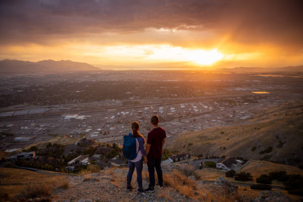 View from Ensign Peak in Salt Lake City, Utah, USA. Looking towards the Great Salt Lake and Antelope Island State Park during an evening thunderstorm.