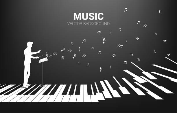 vektor-silhouette des dirigenten stehend mit klaviertaste mit fliegender musiknote. - dirigent stock-grafiken, -clipart, -cartoons und -symbole