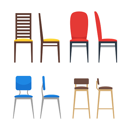 Colorful chairs icon set. Home seating furniture for living room or kitchen. Flat stool collection. Side view and front view. Vector illustration on white background.