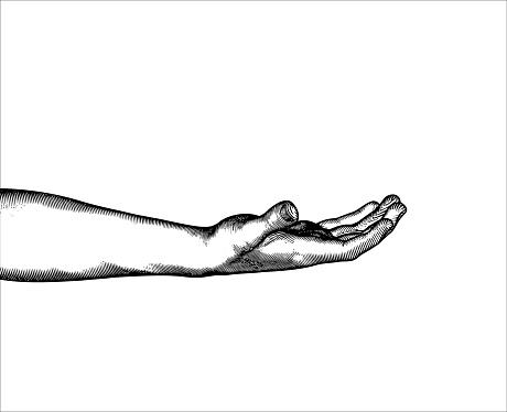 Monochrome vintage engraved drawing empty hand request gesture with lower arm vector illustration side view isolated on white background