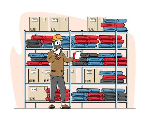 Vector illustration of Inventory Manager Male Character Work in Warehouse with Stacks of Carton Boxes Checking List of Goods for Distribution