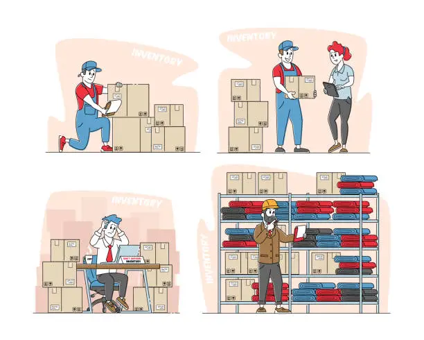 Vector illustration of Set Physical Inventory Count Management. Storekeeper Characters Manage Warehouse Cargo Loading, Unloading Sorting