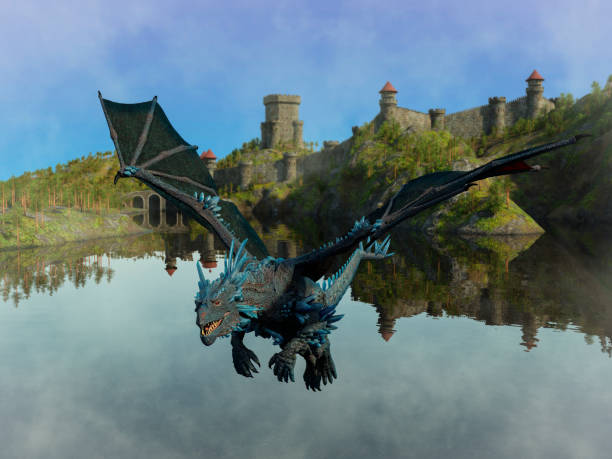 istock A huge dragon, a lake, and a medieval castle behind. 1269763603
