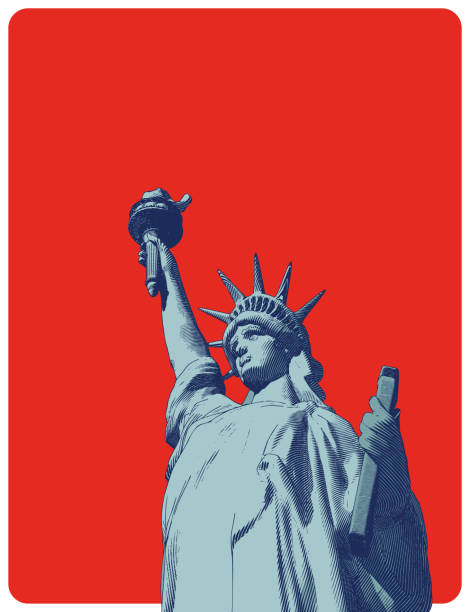 赤いbgに隔離された女性自由イラストのレトロな彫刻 - new york city retro revival old fashioned new york state点のイラスト素材／クリップアート素材／マンガ素材／アイコン素材