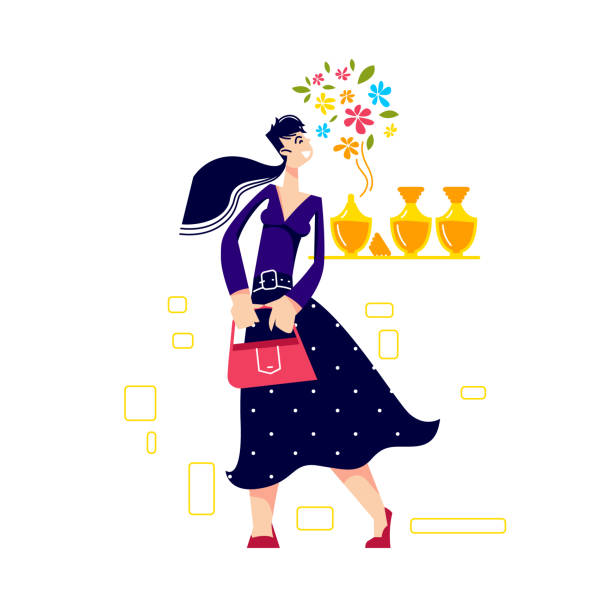 ilustrações de stock, clip art, desenhos animados e ícones de woman enjoy scent in perfumery store smelling flower perfume in fashion boutique - store make up cosmetics teenage girls