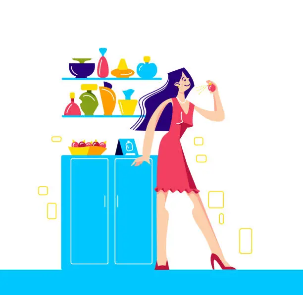 Vector illustration of Young girl choosing new aroma in perfumery and cosmetics store