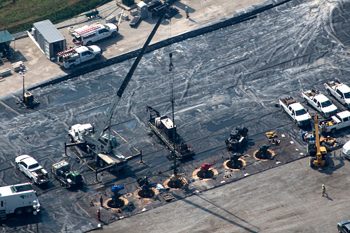 Aerial view of Natural Gas Well being drilled in northwestern West Virginia in the Marcellus Shale  Formation photograph taken August 2020