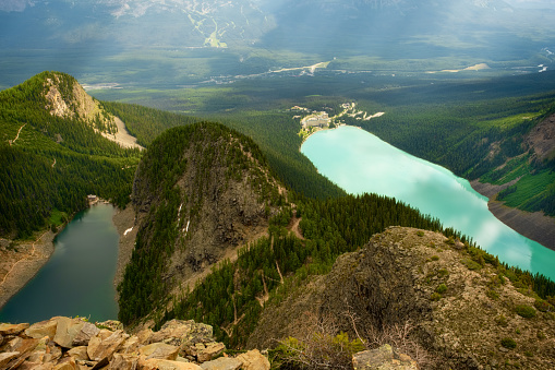 View of Lake Agnes and Lake Louise from the Devil's Thumb.