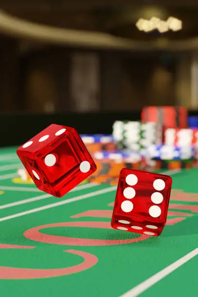Close up of dice rolling on a craps table. Gambling concept. 3d illustration.