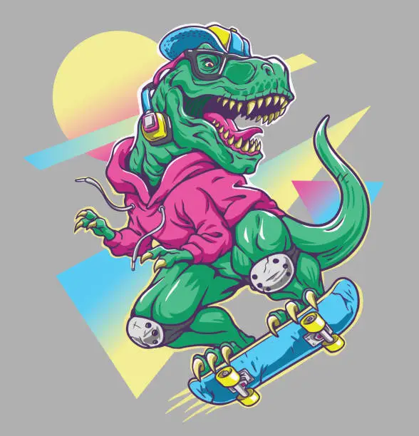 Vector illustration of Humorous T rex Dinosaur riding on skateboard. Cool 80’s illustration style.