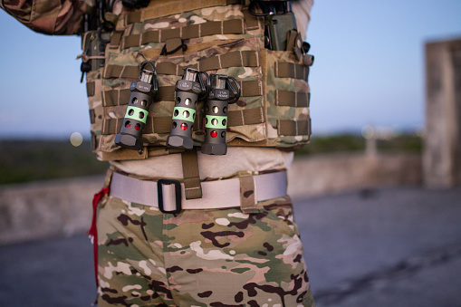 Pararescue operator close up. US Military Air Force Special forces training exercise at Combat Town in Okinawa on 07/30/2015