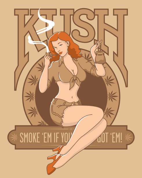 Retro cannabis marijuana kush pinup girl design. Sepia tone vector illustration of beautiful woman smoking pipe with marijuana leaves and kush letters. Includes banner with the phrase, smoke em if you got em. vintage pin up girl tattoo stock illustrations