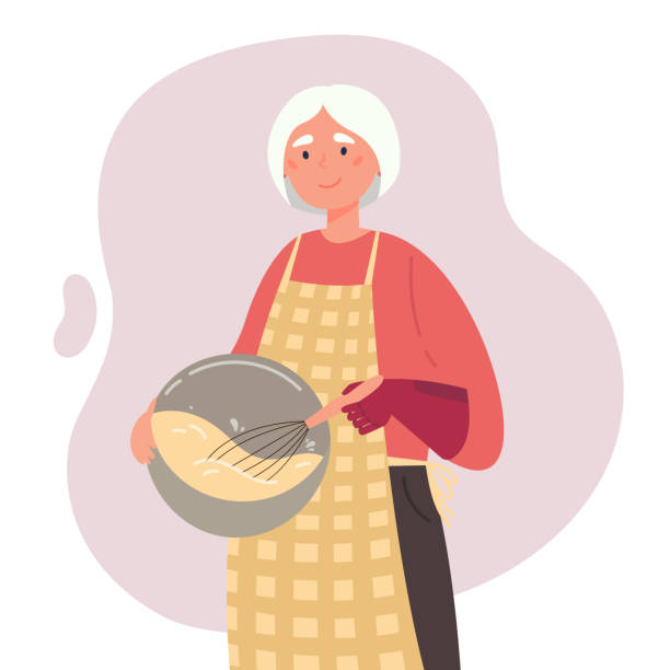 ilustraciones, imágenes clip art, dibujos animados e iconos de stock de linda anciana cocina con brazo protésico - grandmother