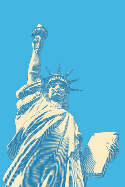 illustrations, cliparts, dessins animés et icônes de art rétro de lady liberty illustration vectorielle sur bg bleu - statue of liberty old fashioned new york city independence