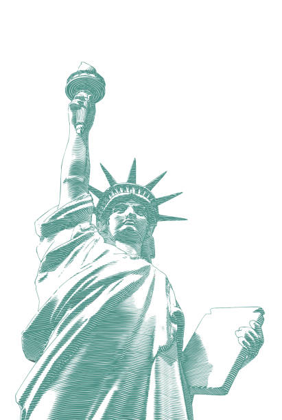 illustrazioni stock, clip art, cartoni animati e icone di tendenza di incisione vintage di lady liberty dall'illustrazione vista in basso - statue of liberty
