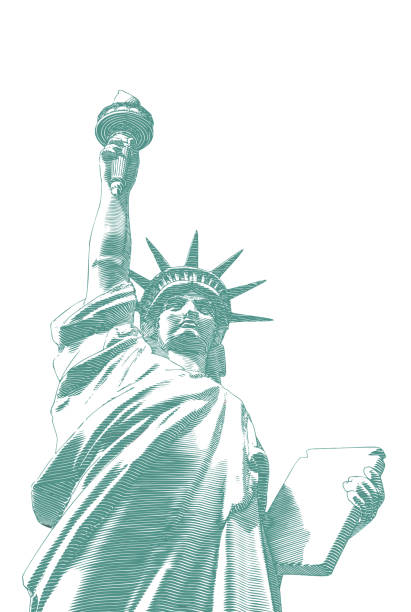 Monochrome green engraved vintage drawing liberty lady statue from low angle worm eye view camera illustration isolated on white background