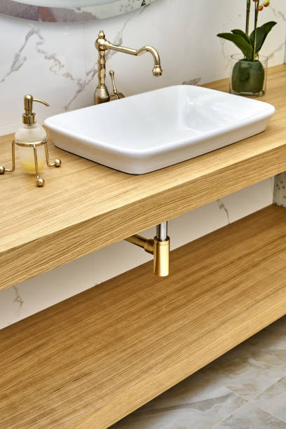 istock Floating wooden basin countertops in luxury bathroom 1269786252
