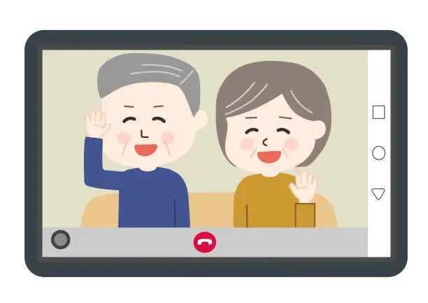 Vector illustration of Elderly couple sitting on the sofa and having video call on tablet or smartphone.