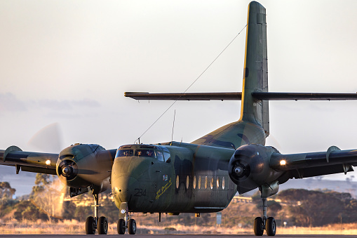 Avalon, Australia - March 1, 2013: Former Royal Australian Air Force (RAAF) de Havilland Canada DHC-4A Caribou twin engine tactical transport aircraft VH-VBB on the runway at Avalon Airport.