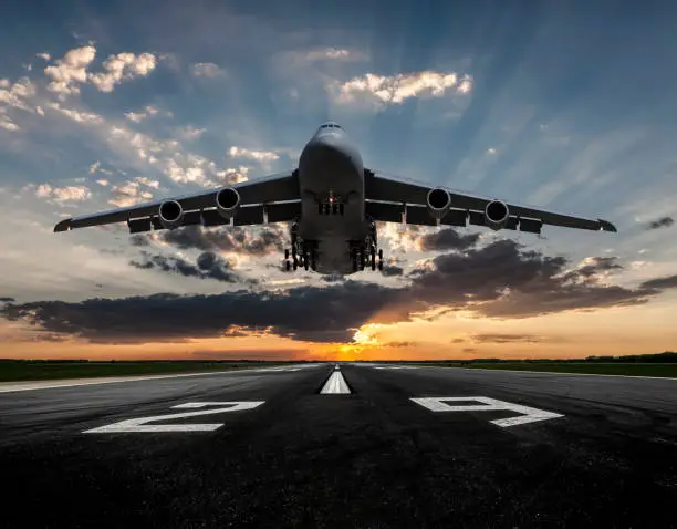 Photo of Military Cargo Airplane taking off at dusk