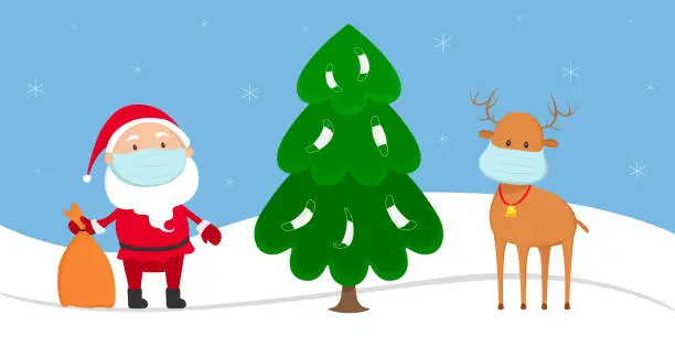 Vector illustration of Santa Claus and reindeer in medical masks stand near Christmas tree. Vector illustration