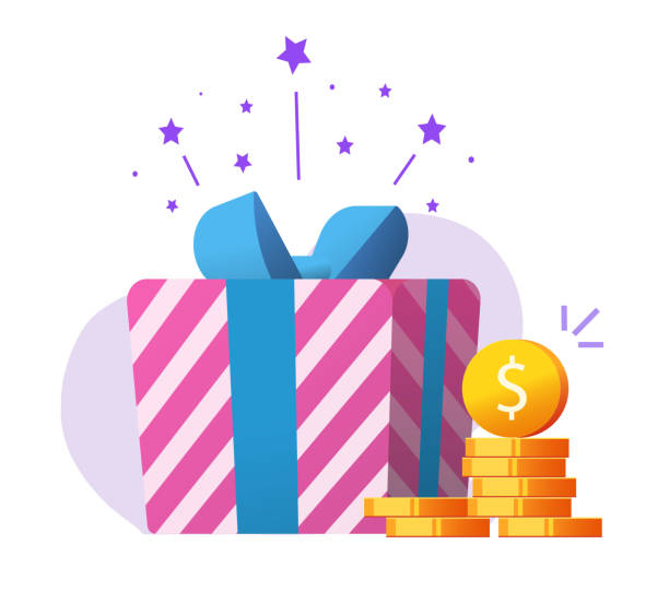 illustrations, cliparts, dessins animés et icônes de cadeau d’argent comme don de charité, prix de récompense de récompense de récompense de jackpot, gagnant chanceux gagnant vecteur présent, idée de cashback ou de pièces en espèces, concept de surprise de certificat de escompte, marketing de vente - currency perks gift bow