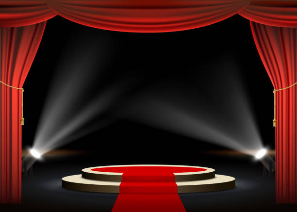 Round podium with red carpet and curtain Round podium with red carpet and curtain. Illuminated by spotlights. Vector illustration red carpet stock illustrations