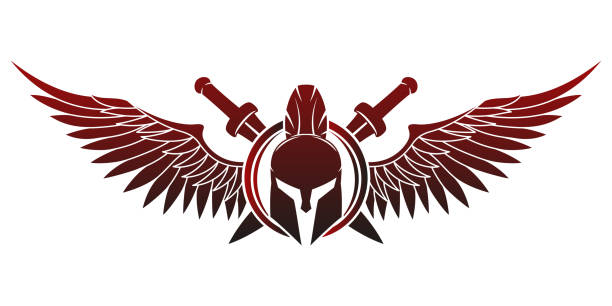 Spartan helmet with shield and swords and wings. Spartan helmet with shield and swords and wings on a white background. spartan mascot stock illustrations