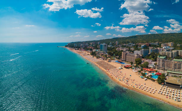 Aerial view of Golden Sands beach resort, Zlatni Piasaci near Varna, Bulgaria stock photo