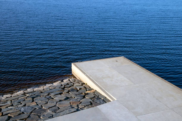 Brazilian man crossing pond on stepping stones