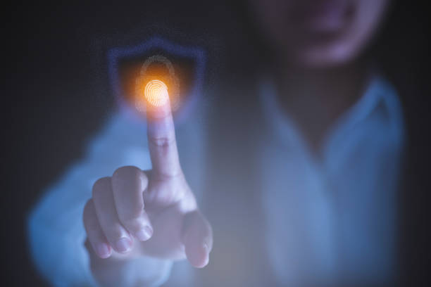istock Businesswoman using fingerprint protection for data access, Concept cyber security safe data protection business. 1269807890