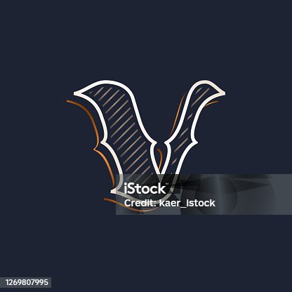 istock Vintage V letter logo with line decoration. Classic serif lettering. 1269807995